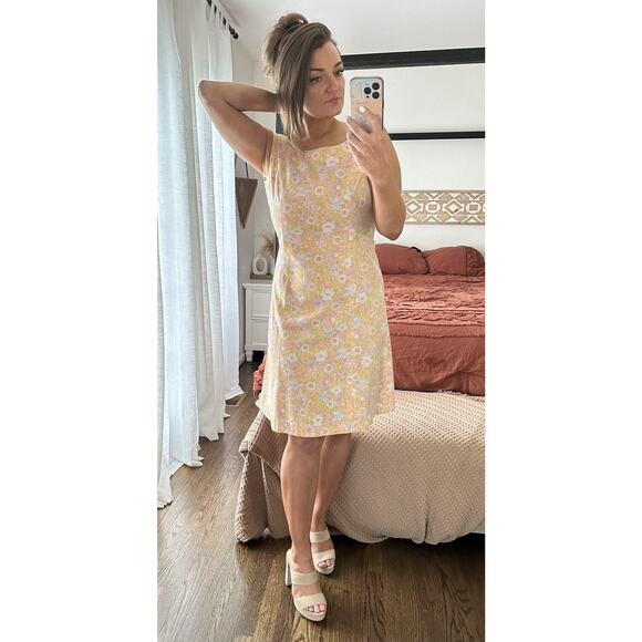 Vintage Handmade 60’s 70’s Size 8 Pink Yellow Floral Knee Length Dress - Picture 2 of 8